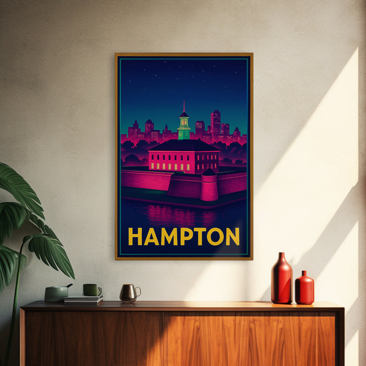 Hampton Virginia Travel Poster, Canvas Print, Retro Neon Travel Art, Hampton City Art, Travel Wall Art, Modern Wall Decor, Wall Art