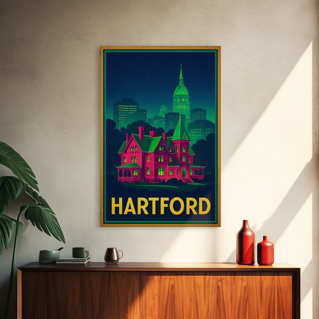 Hartford Connecticut Travel Poster, Canvas Print, Neon City Skyline Wall Art, Hartford Art Print, Wall Decor, Travel Art, Travel Print