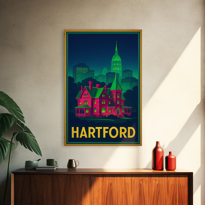 Hartford Connecticut Travel Poster, Canvas Print, Neon City Skyline Wall Art, Hartford Art Print, Wall Decor, Travel Art, Travel Print