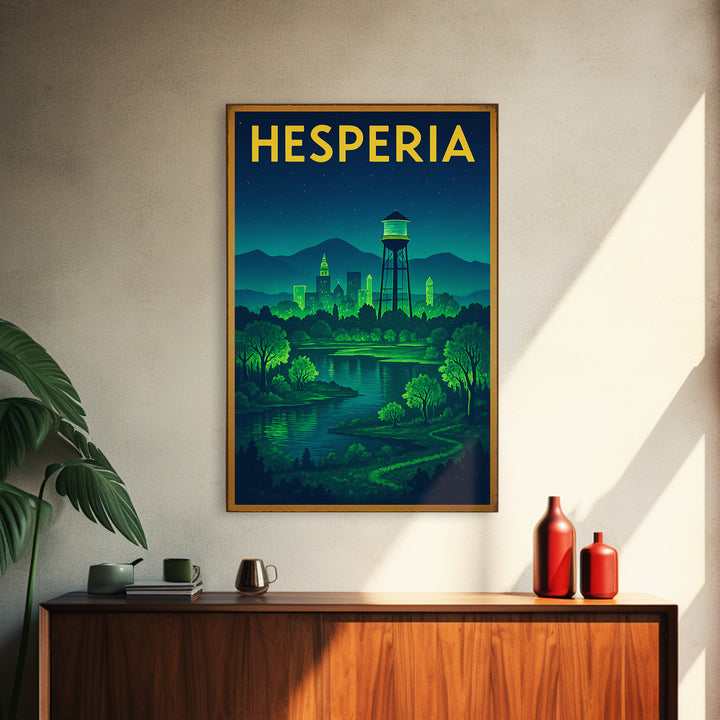 Hesperia Travel Poster, Framed Canvas Print, Electric Night Poster Art, Hesperia Travel Art, Vintage Travel Art, Living Room Wall Art