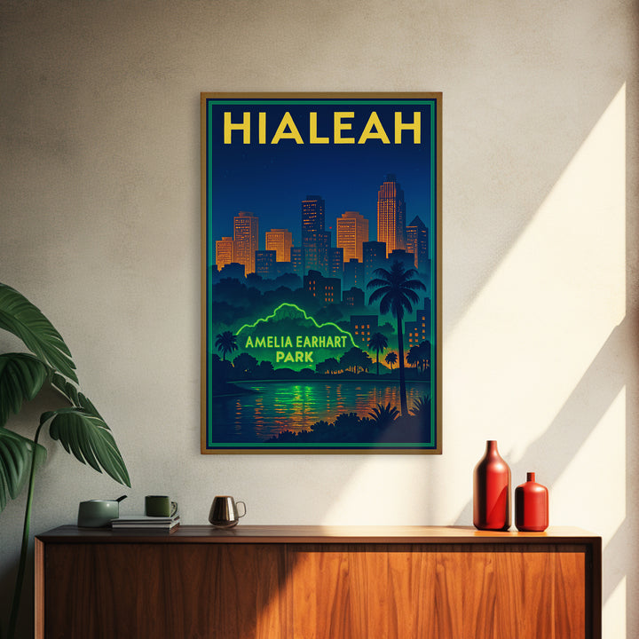 Hialeah Travel Poster, Canvas Print, Retro Neon Travel Art, Hialeah Wall Art, Wall Art, Watercolor Urban Skyline, Travel Art Print