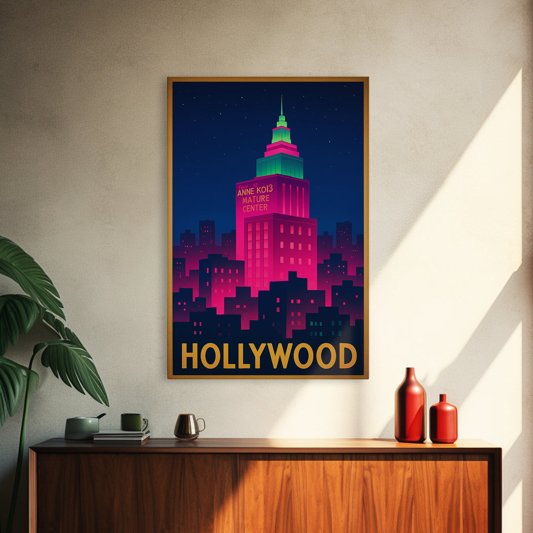 Hollywood Florida Travel Poster, Framed Canvas Print, Cyberpunk Style City Art, Hollywood Wall Art, Eclectic Wall Decor, Fine Art Print