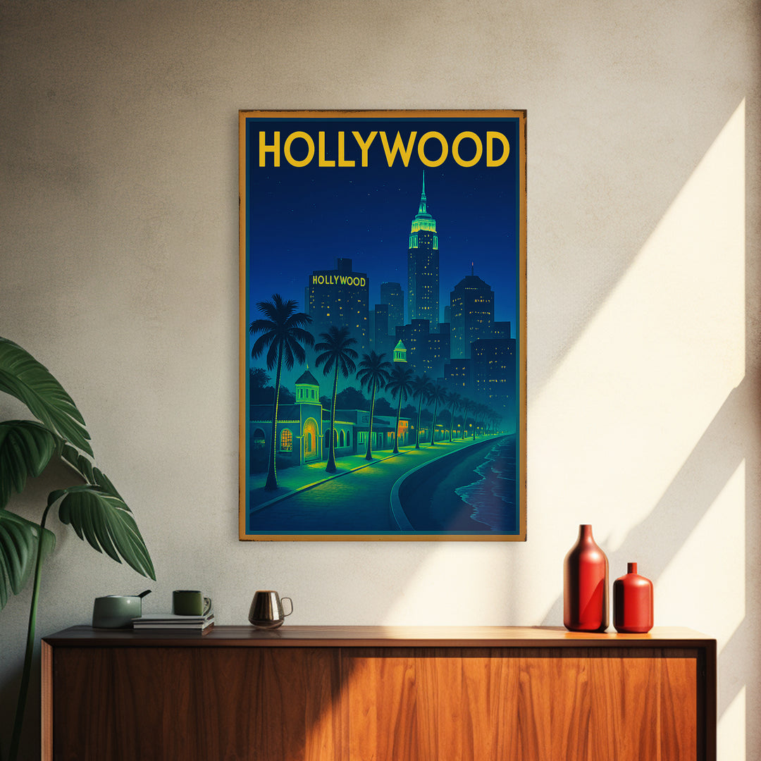 Hollywood Travel Poster, Canvas Print, Retro Neon Travel Art, Hollywood City Art, Travel Wall Art, Travel Wall Decor, City Art Print