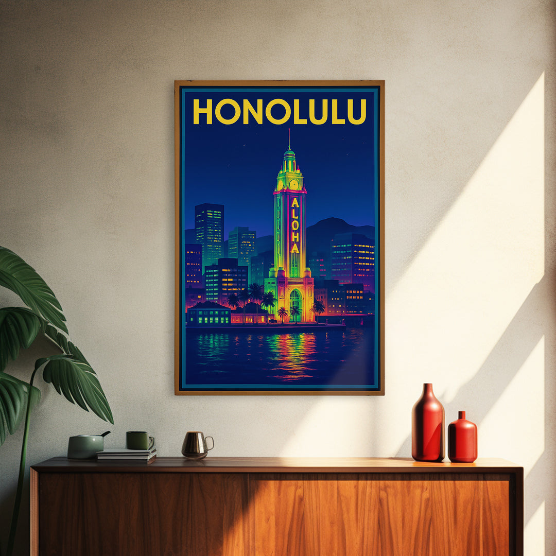 Honolulu Travel Poster, Framed Canvas Print, Neon Cityscape Wall Art, Honolulu Wall Art, City Illustration, Vintage City Art, Art Print