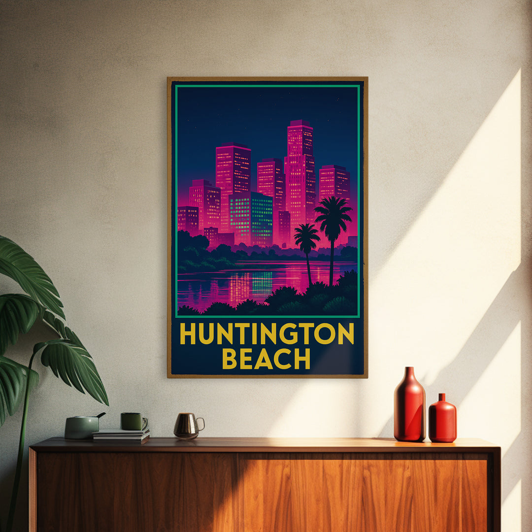 Huntington Beach California Travel Poster, Canvas Print, Electric Night Poster Art, Huntington Beach Travel Art, Office Decor