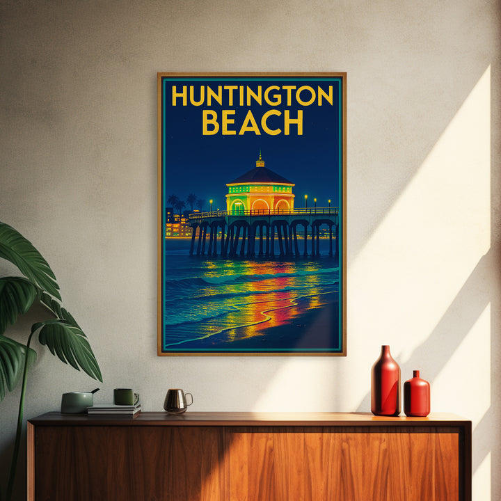 Huntington Beach Travel Poster, Framed Canvas Print, Neon City Skyline Wall Art, Huntington Beach Art Print, Vintage City Poster, Design 2