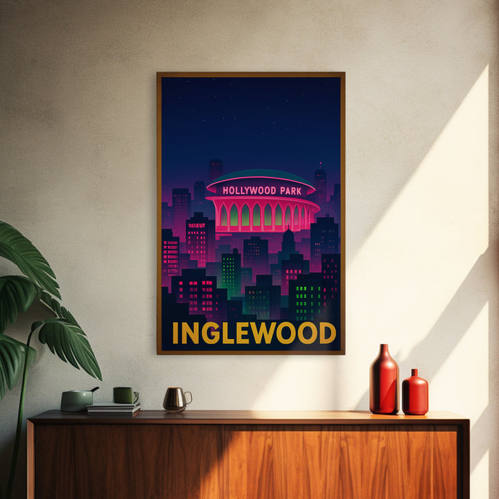 Inglewood California Travel Poster, Canvas Print, Neon Skyline Wall Art, Inglewood Wall Art, Travel Prints, Vintage City Poster, City Poster