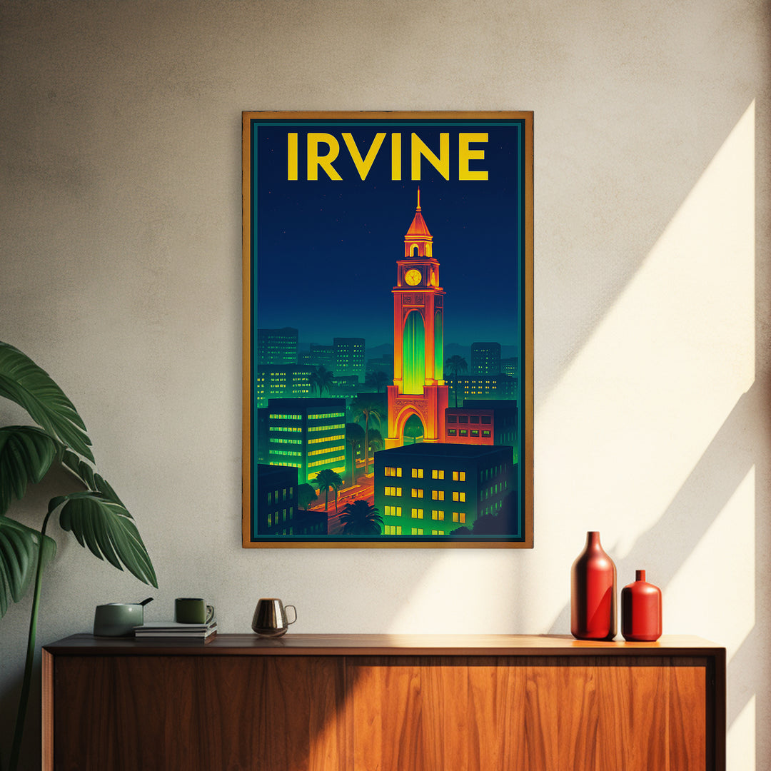 Irvine Travel Poster, Canvas Print, Retro Neon Travel Art, Irvine Art Print, Mid Century Wall Art, Vintage City Poster, Living Room Wall Art