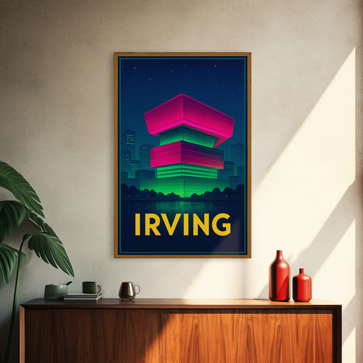 Irving Texas Travel Poster, Framed Canvas Print, Cyberpunk Style City Art, Irving Poster Print, Watercolor Skyline Art, Travel Art Print