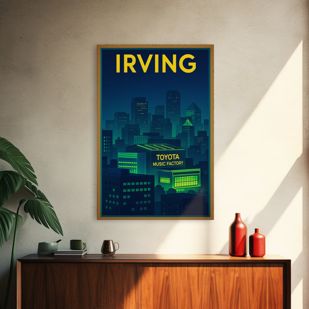 Irving Travel Poster, Framed Canvas Print, Cyberpunk Style City Art, Irving Poster Print, Living Room Wall Art, Vintage City Art