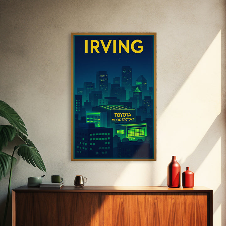 Irving Travel Poster, Framed Canvas Print, Cyberpunk Style City Art, Irving Poster Print, Living Room Wall Art, Vintage City Art