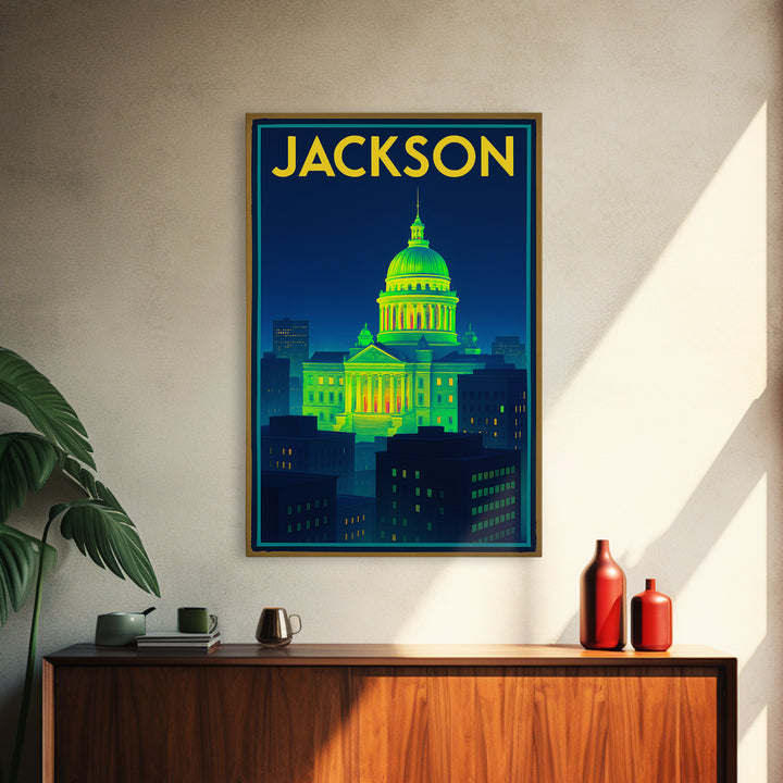 Jackson Travel Poster, Canvas Print, Retro Neon Travel Art, Jackson Wall Art, City Travel Prints, Vintage Travel Print, City Illustration