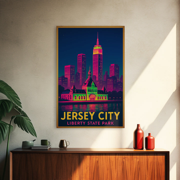 Jersey City New Jersey Travel Poster, Framed Canvas Print, Retro Neon Travel Art, Jersey City City Art, Vintage Travel Art, City Art Print