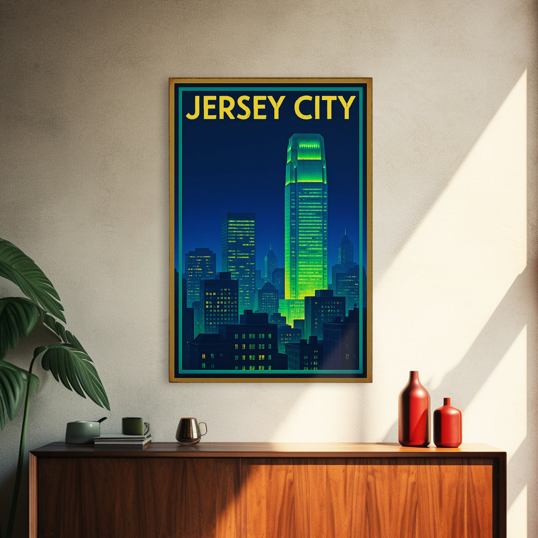 Jersey City Travel Poster, Canvas Print, Electric Night Poster Art, Jersey City Travel Art, Gift For Travelers, Travel Wall Art