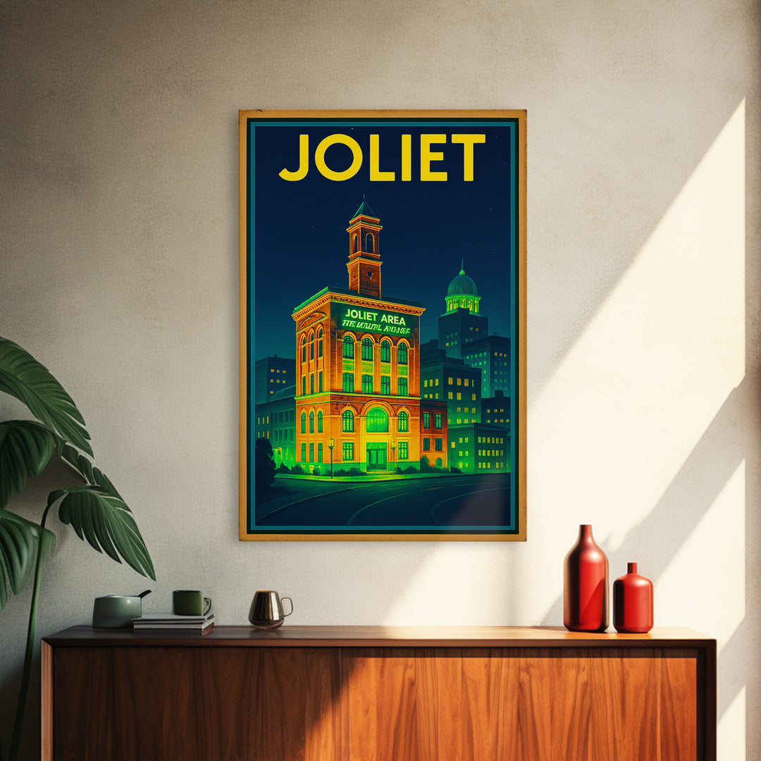 Joliet Travel Poster, Canvas Print, Electric Night Poster Art, Joliet Poster Print, Travel Wall Art, Vintage City Poster, Retro Travel Print