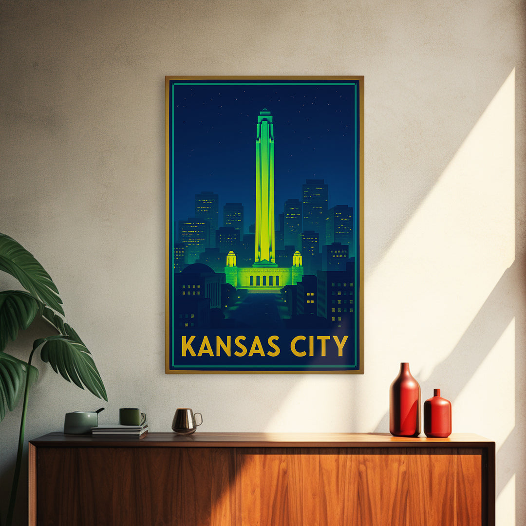 Kansas City Missouri Travel Poster, Canvas Print, Neon Cityscape Wall Art, Kansas City Travel Art, Vintage Travel Art, Vintage City Poster