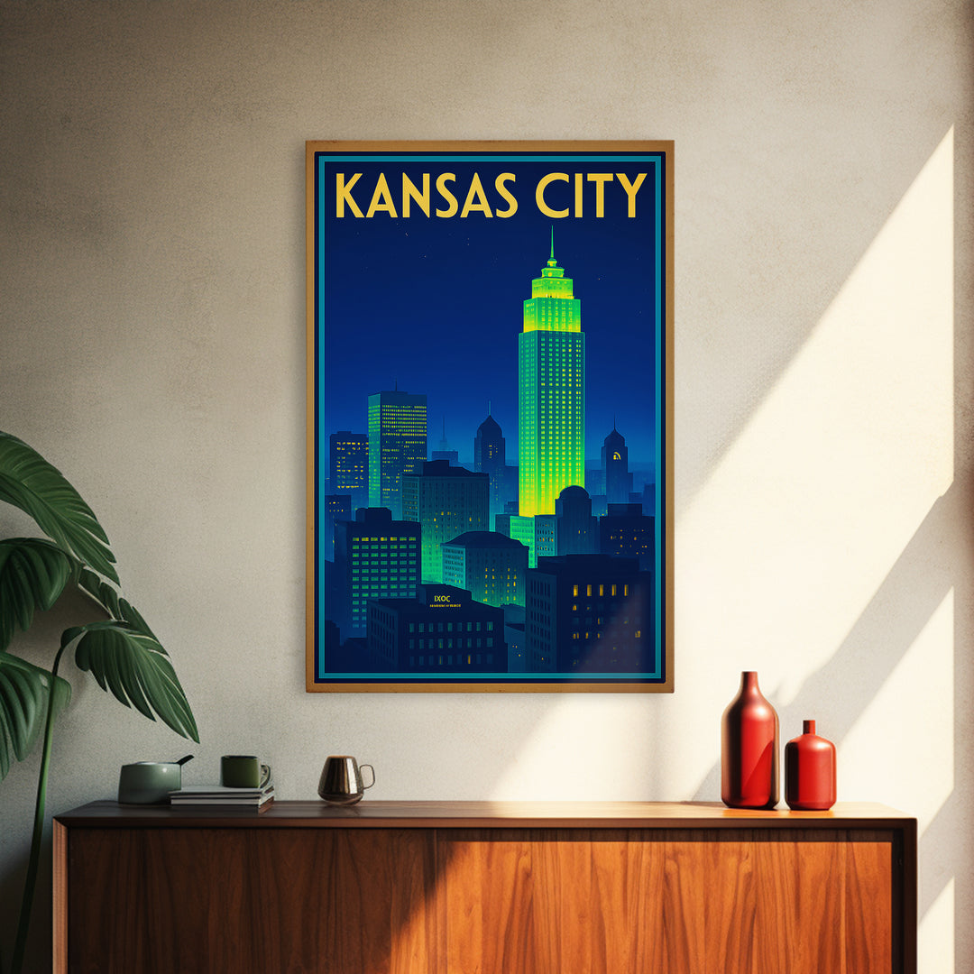 Kansas City Travel Poster, Canvas Print, Cyberpunk Style City Art, Kansas City Poster Print, City Travel Prints, Wanderlust Decor