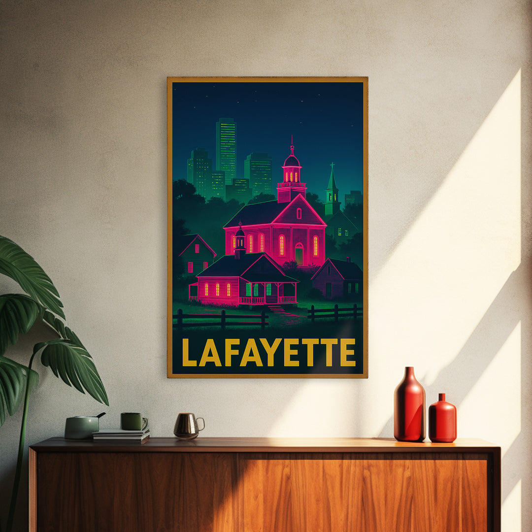 Lafayette Louisiana Travel Poster, Framed Canvas Print, Cyberpunk Style City Art, Lafayette Travel Art, Retro Travel Print, City Art Print