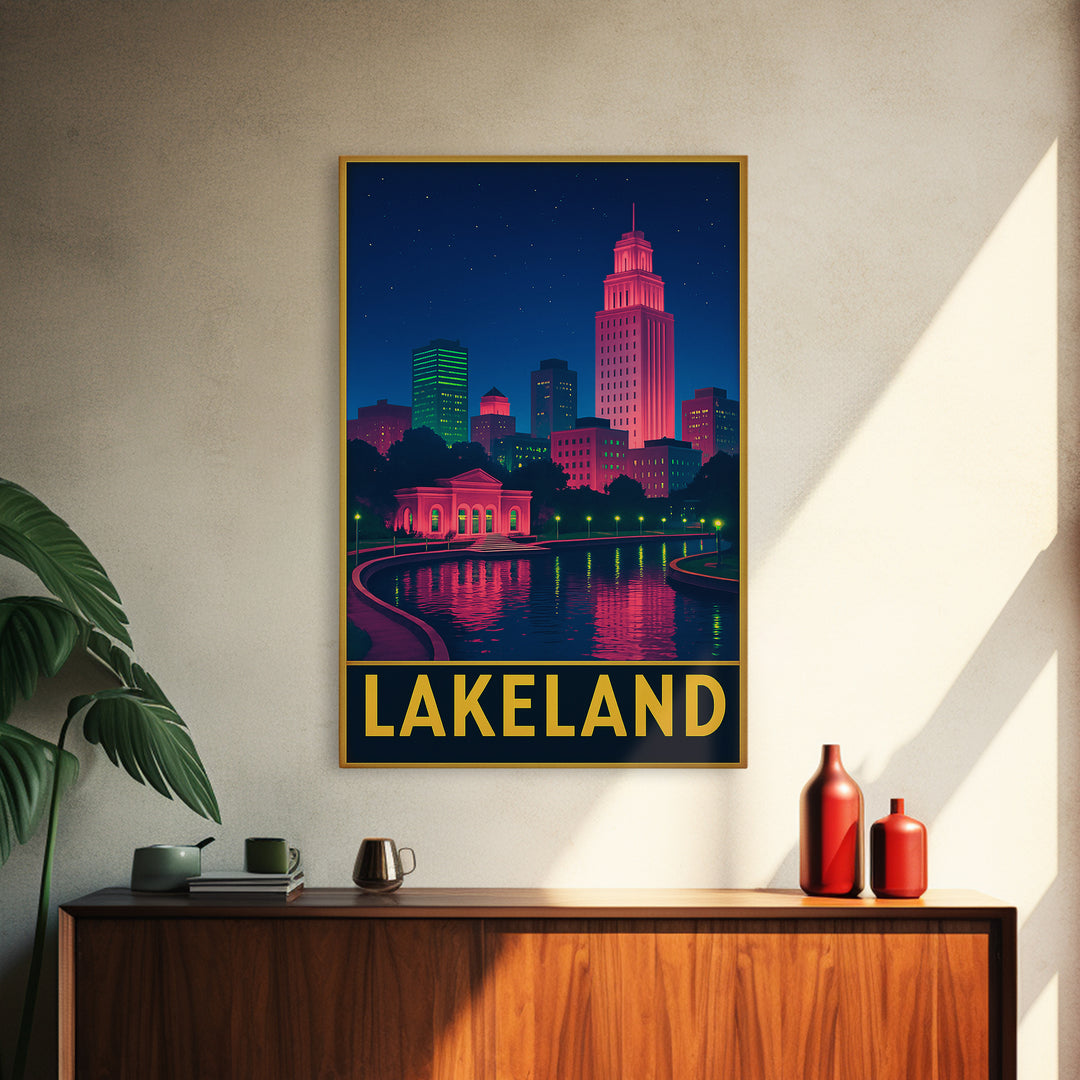 Lakeland Florida Travel Poster, Framed Canvas Print, Cyberpunk Style City Art, Lakeland Wall Art, Home Office Decor, Travel Poster Set