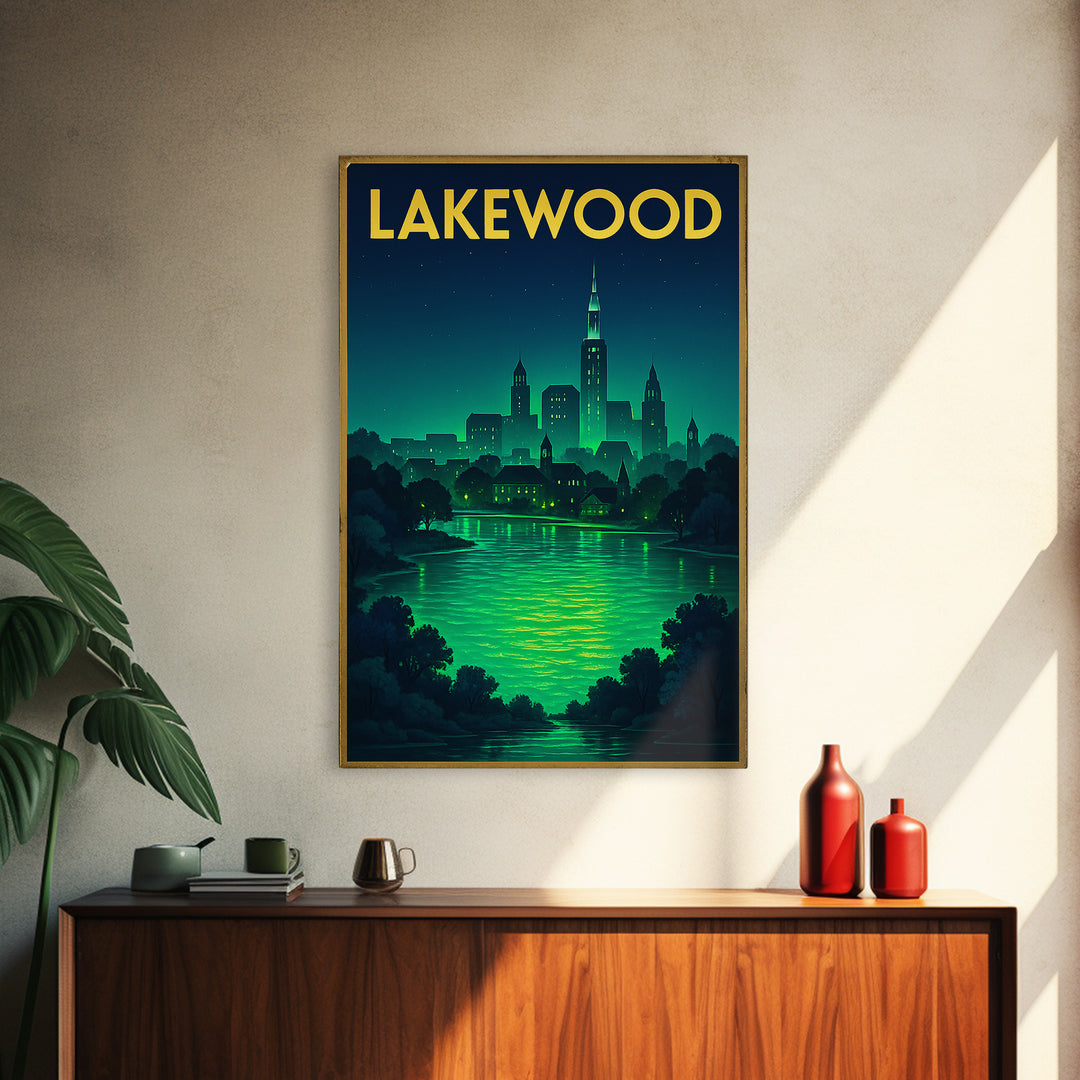 Lakewood Travel Poster, Framed Canvas Print, Neon Cityscape Wall Art, Lakewood Travel Art, City Travel Prints, Vintage Travel Print