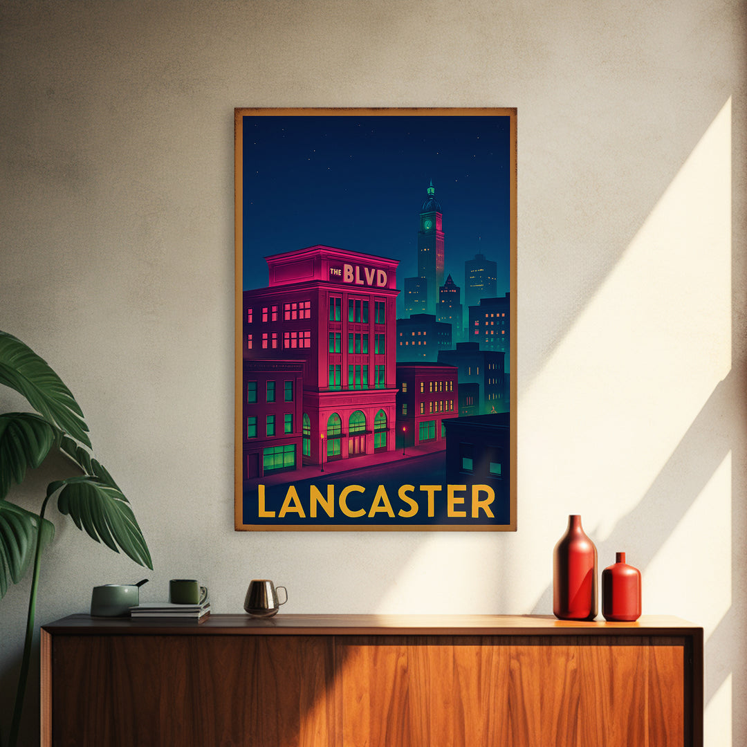 Lancaster California Travel Poster, Canvas Print, Retro Neon Travel Art, Lancaster Wall Art, Travel Art Print, Vintage City Art, Wall Art