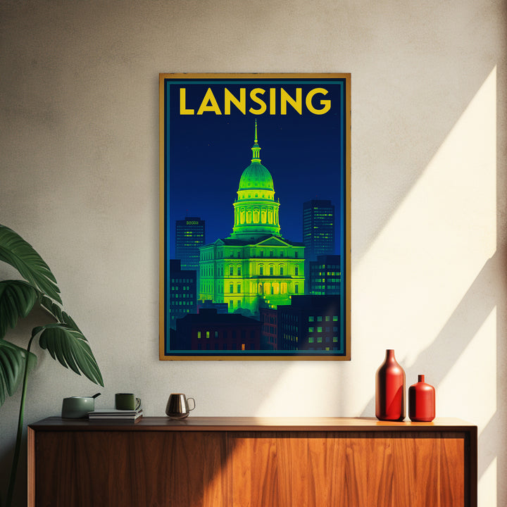 Lansing Travel Poster, Framed Canvas Print, Retro Neon Travel Art, Lansing City Art, City Illustration, Vintage Travel Print, Wall Art