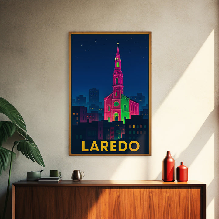 Laredo Texas Travel Poster, Framed Canvas Print, Electric Night Poster Art, Laredo Wall Art, Travel Poster Set, Watercolor Skyline