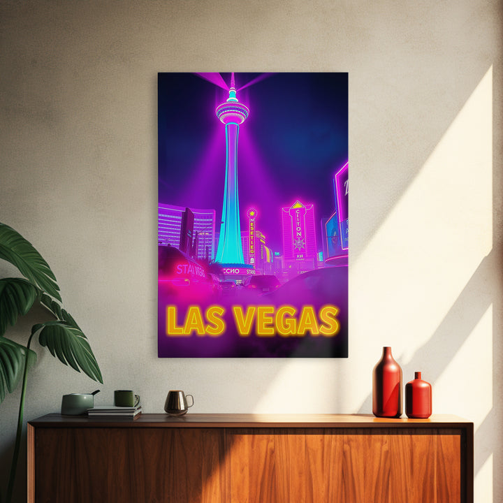 Las Vegas Nevada Travel Poster, Canvas Print, Cyberpunk Style City Art, Las Vegas Poster Print, Mid Century Wall Art, Watercolor Skyline