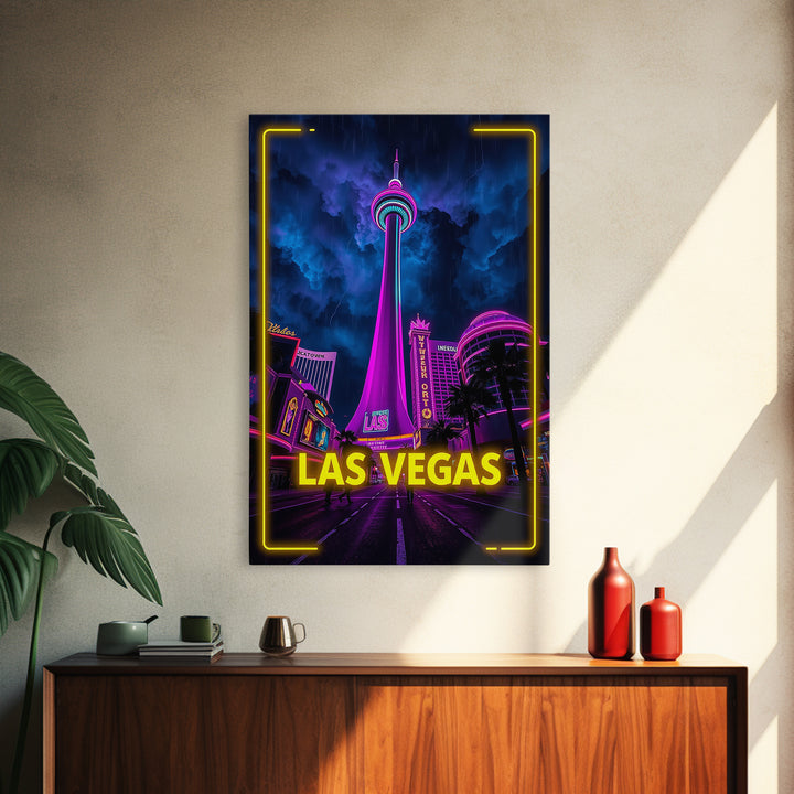 Las Vegas Travel Poster, Canvas Print, Neon City Skyline Wall Art, Las Vegas Art Print, City Illustration, Wanderlust Decor, Travel Wall Art