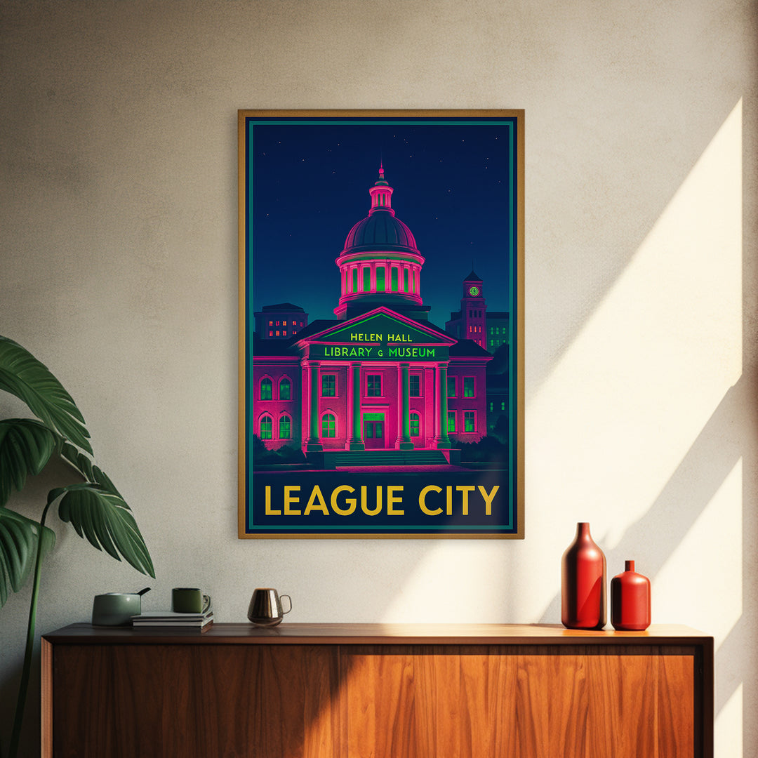 League City Texas Travel Poster, Canvas Print, Cyberpunk Style City Art, League City Art Print, Modern Wall Decor, Eclectic Wall Decor