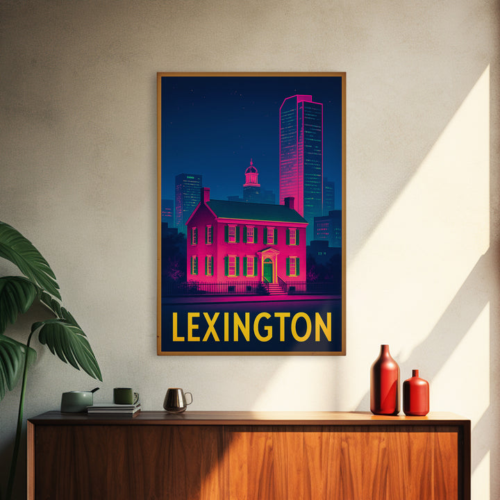 Lexington Kentucky Travel Poster, Framed Canvas Print, Electric Night Poster Art, Lexington Wall Art, Vintage City Art, Mid Century Wall Art