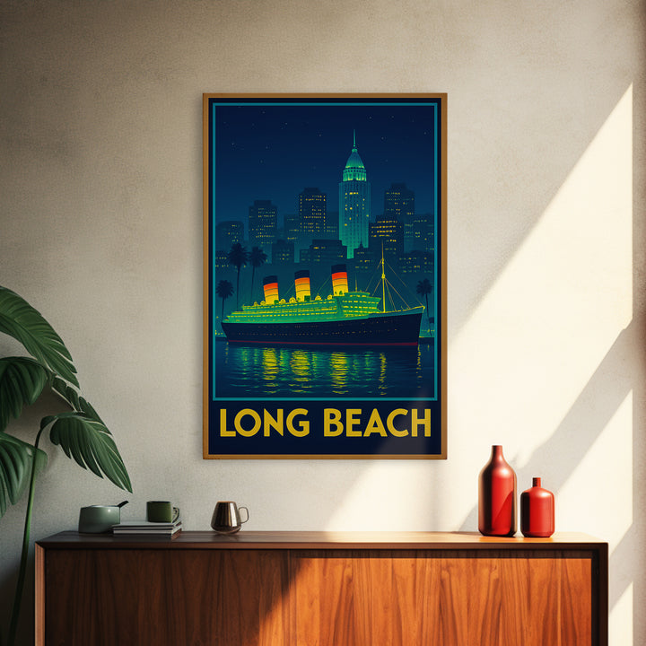 Long Beach California Travel Poster, Canvas Print, Retro Neon Travel Art, Long Beach City Art, Wall Art, City Art Print, Travel Wall Art