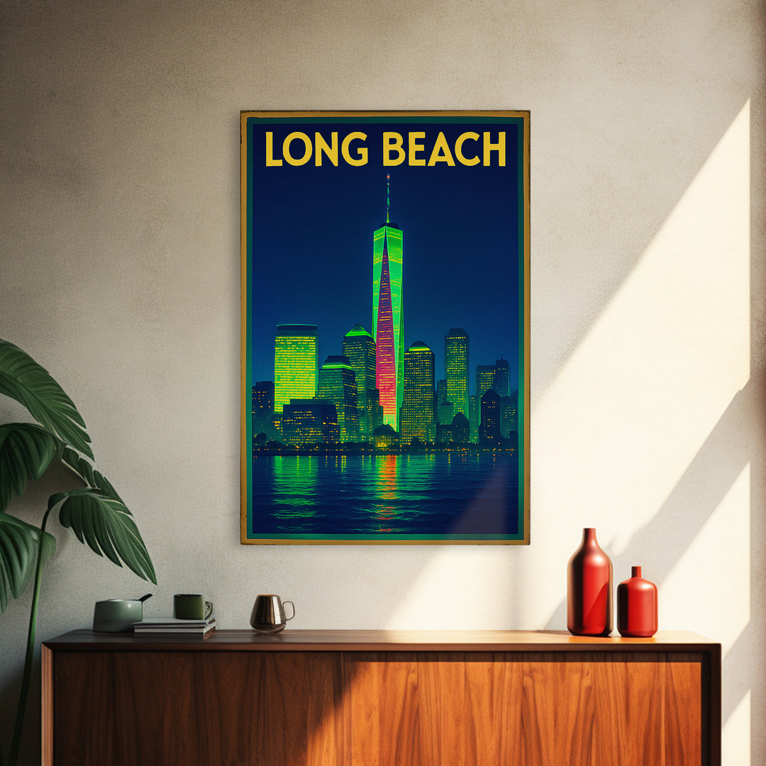 Long Beach Travel Poster, Framed Canvas Print, Retro Neon Travel Art, Long Beach Travel Art, Retro Travel Print, Eclectic Wall Decor