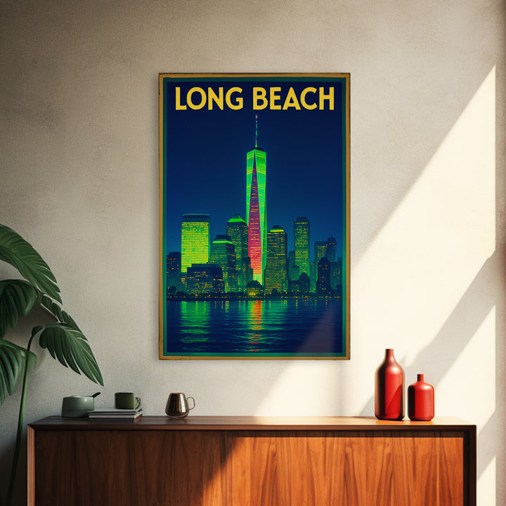 Long Beach Travel Poster, Framed Canvas Print, Retro Neon Travel Art, Long Beach Travel Art, Retro Travel Print, Eclectic Wall Decor