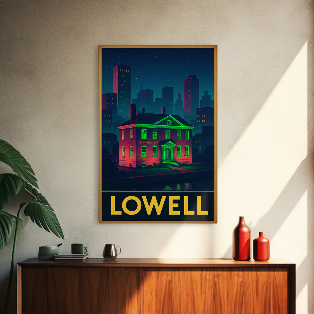 Lowell Massachusetts Travel Poster, Canvas Print, Retro Neon Travel Art, Lowell Travel Art, Wanderlust Decor, Wall Art, Retro Travel Print