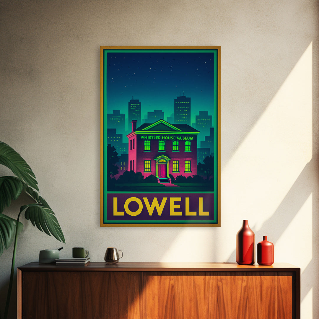 Lowell Travel Poster, Canvas Print, Retro Neon Travel Art, Lowell Travel Art, Travel Wall Decor, Travel Wall Art, Retro Travel Print