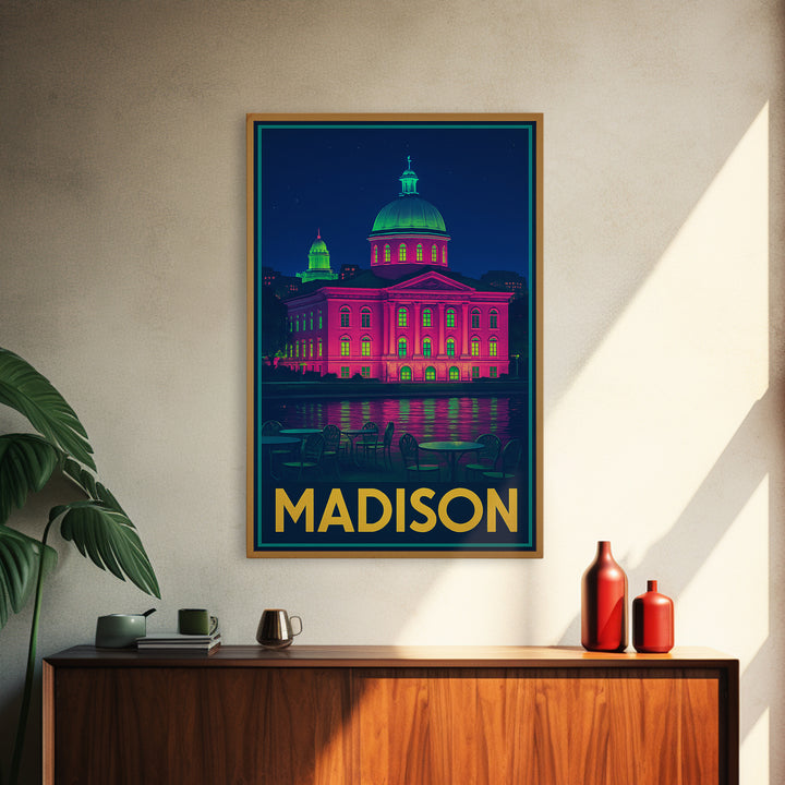 Madison Wisconsin Travel Poster, Canvas Print, Cyberpunk Style City Art, Madison City Art, City Illustration, Wall Art, Modern Wall Decor