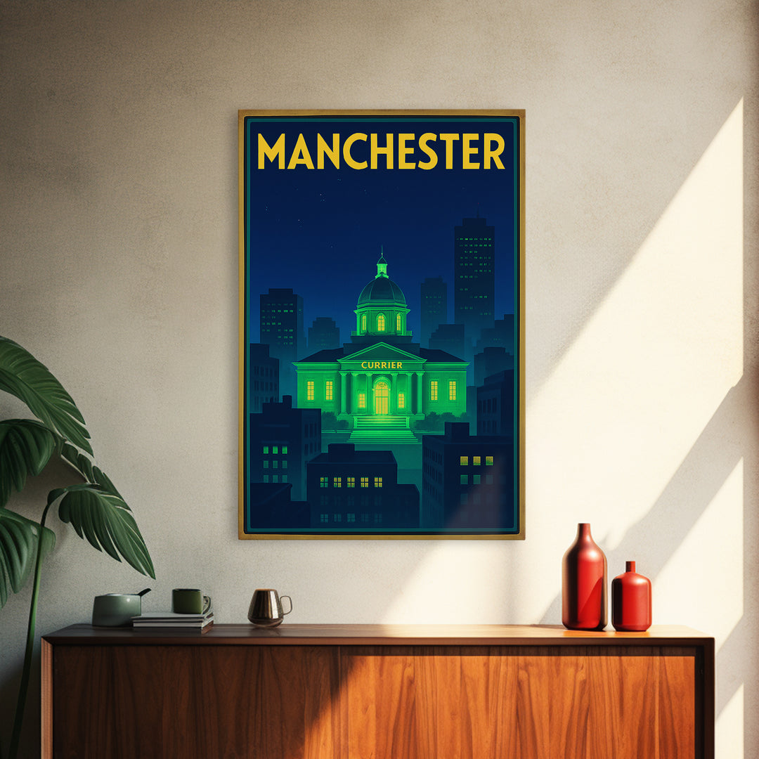 Manchester Travel Poster, Canvas Print, Neon Cityscape Wall Art, Manchester Art Print, Eclectic Wall Decor, Home Office Decor, Design 2