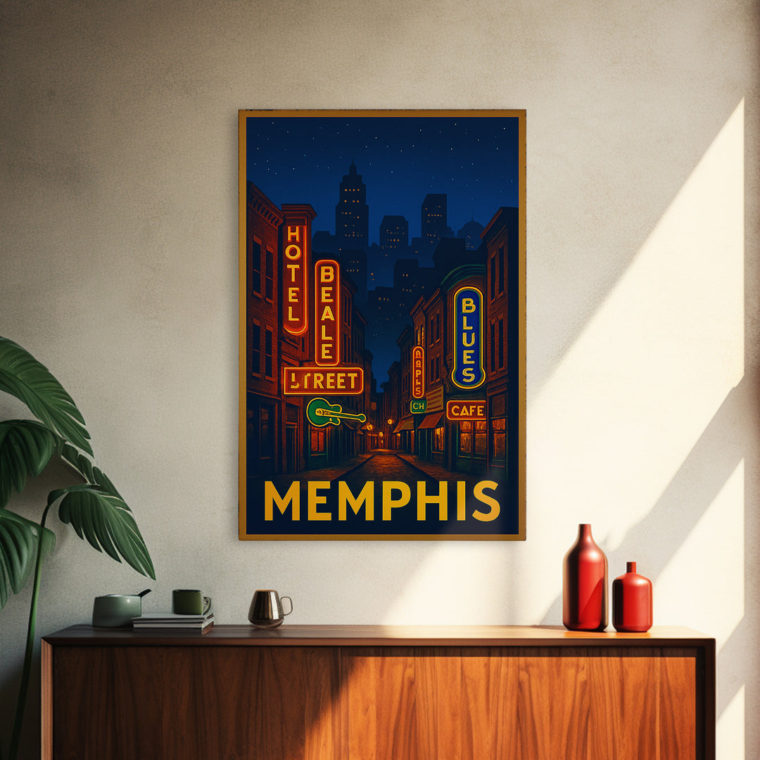 Memphis Tennessee Travel Poster, Canvas Print, Neon Urban Skyline Wall Art, Memphis Travel Art, Wall Decor, Wanderlust Decor