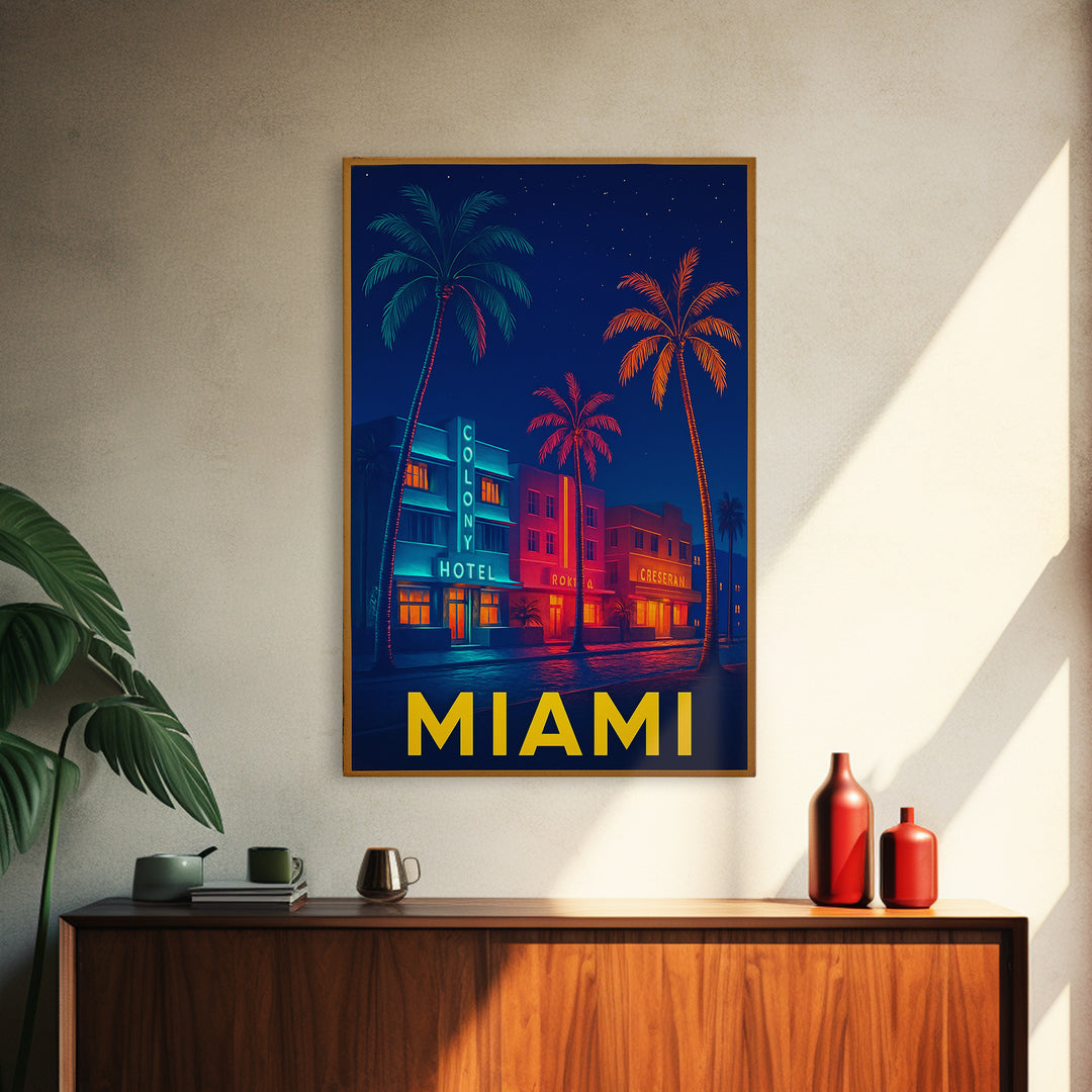 Miami Florida Travel Poster, Canvas Print, Cyberpunk Style City Art, Miami Art Print, Wanderlust Decor, City Illustration, Travel Wall Art