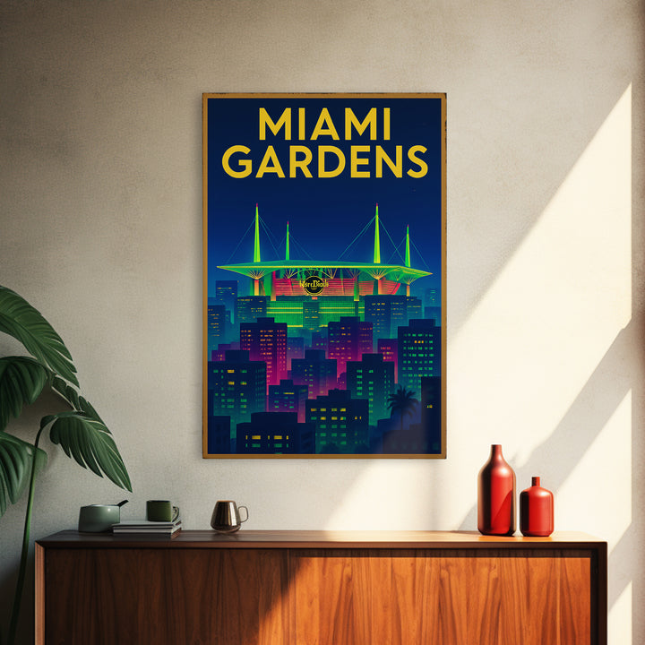 Miami Gardens Travel Poster, Canvas Print, Electric Night Poster Art, Miami Gardens Wall Art, Mid Century Wall Art, Vintage Travel Art