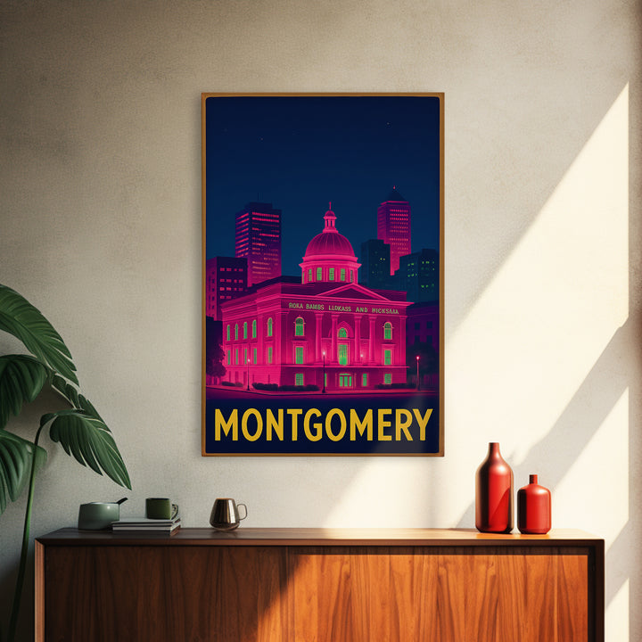 Montgomery Alabama Travel Poster, Canvas Print, Neon Urban Skyline Wall Art, Montgomery Wall Art, Gift For Travelers, Vintage City Art