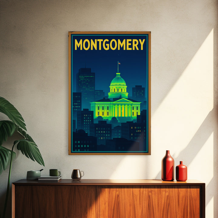 Montgomery Travel Poster, Canvas Print, Neon Downtown Skyline Wall Art, Montgomery City Art, City Illustration, City Travel Prints, Wall Art