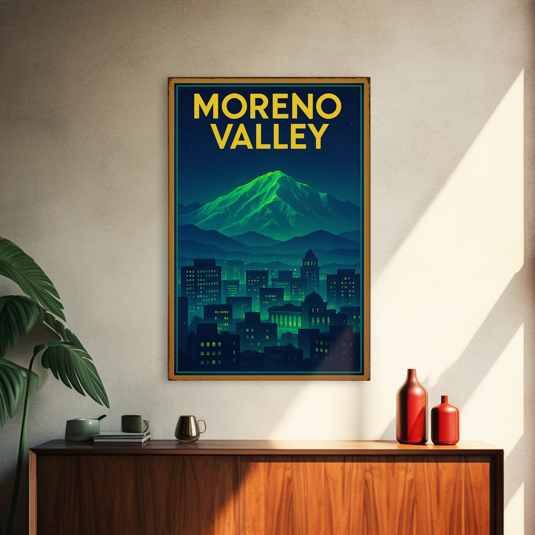 Moreno Valley Travel Poster, Canvas Print, Neon Downtown Skyline Wall Art, Moreno Valley City Art, Vintage Travel Print, Fine Art Print