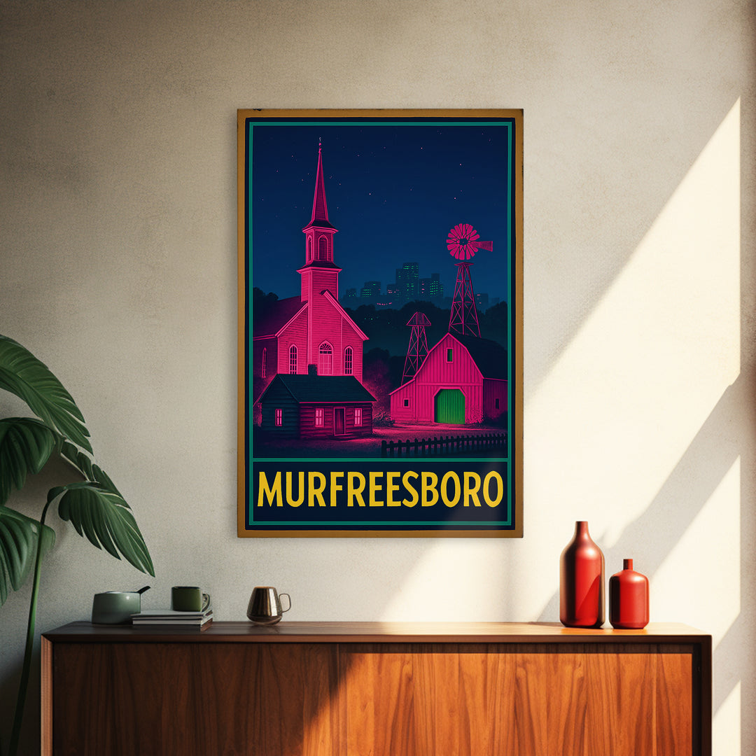 Murfreesboro Tennessee Travel Poster, Canvas Print, Retro Neon Travel Art, Murfreesboro Wall Art, Gift For Travelers, Art Print