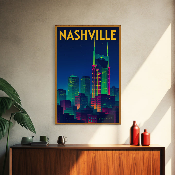 Nashville Travel Poster, Canvas Print, Retro Neon Travel Art, Nashville Poster Print, Living Room Wall Art, Eclectic Wall Decor
