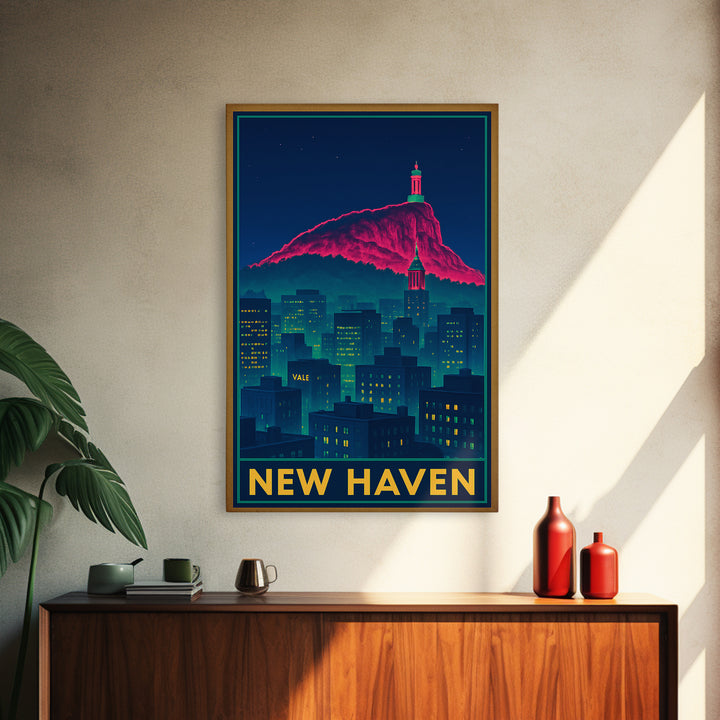 New Haven Connecticut Travel Poster, Framed Canvas Print, Cyberpunk Style City Art, New Haven Wall Art, Vintage Travel Print, Fine Art Print