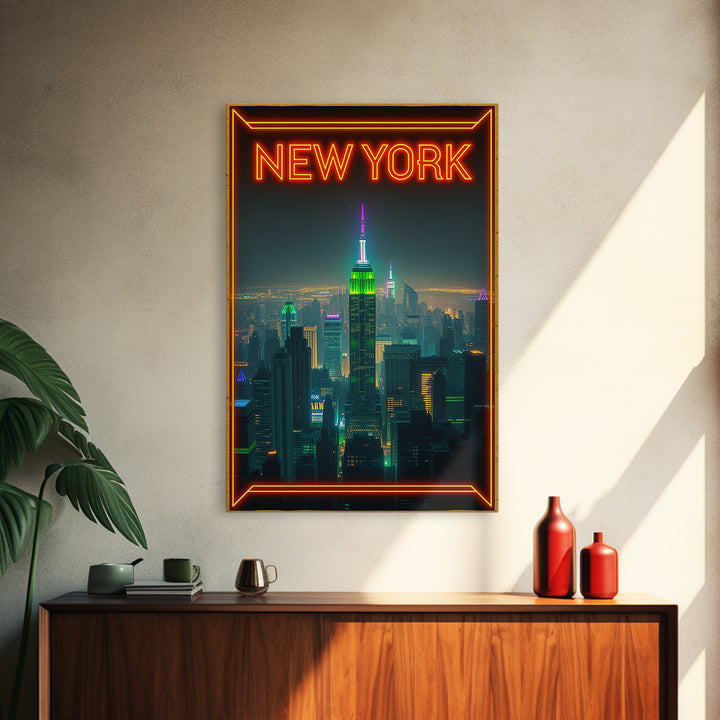 New York Travel Poster, Canvas Print, Cyberpunk Style City Art, New York City Art, City Illustration, Gift For Travelers, Travel Wall Art