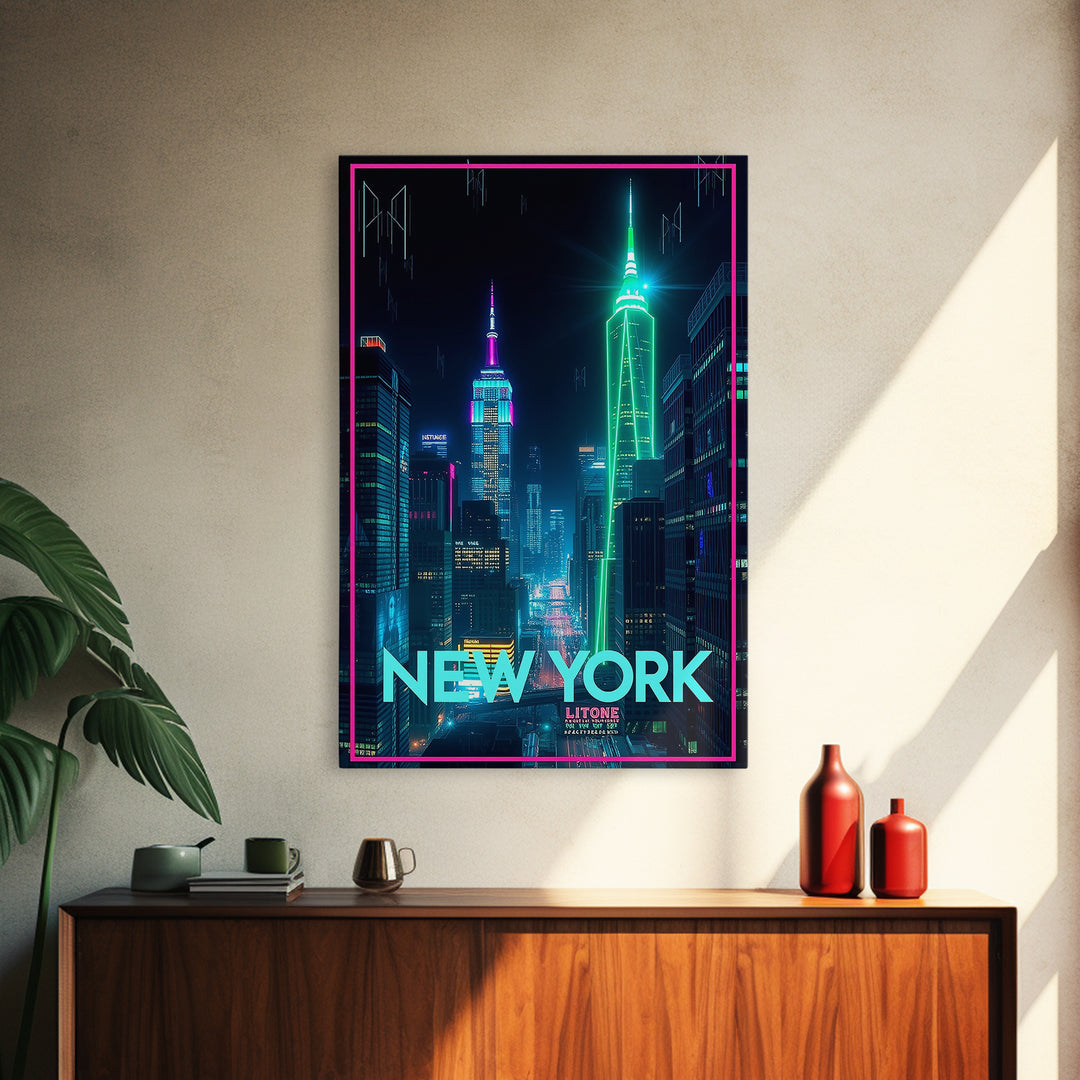 New York Travel Poster, Framed Canvas Print, Electric Night Poster Art, New York Wall Art, Travel Poster Art, Fine Art Print, Design 14
