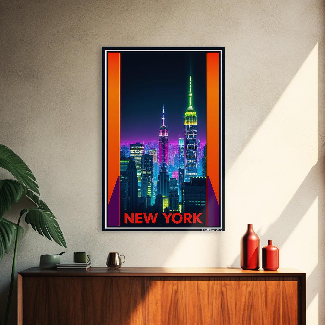 New York Travel Poster, Framed Canvas Print, Neon Skyline Art Wall Art, New York Travel Art, Vintage City Poster, Vintage City Art